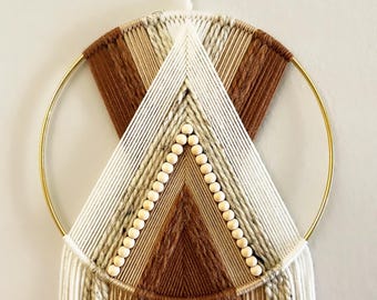 Beaded Yarn Hoop Wall Hanging - Brown Beige Boho Decor