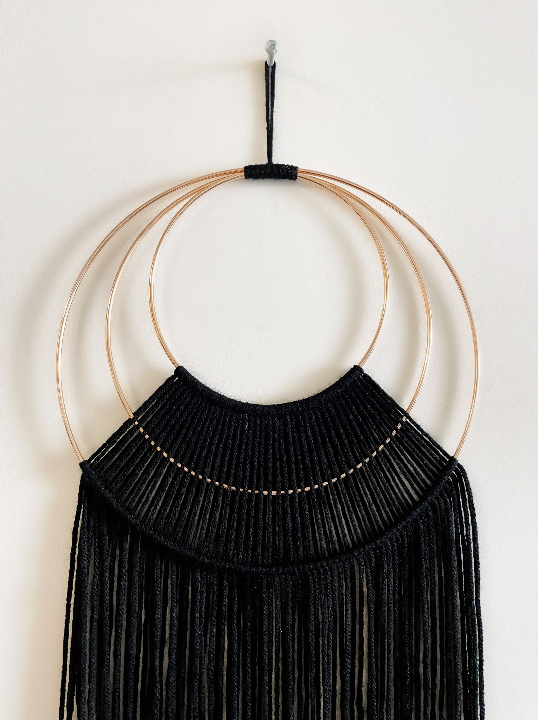 Large Black Macrame Wall Hanging, Wood Bead Accents, Necklace