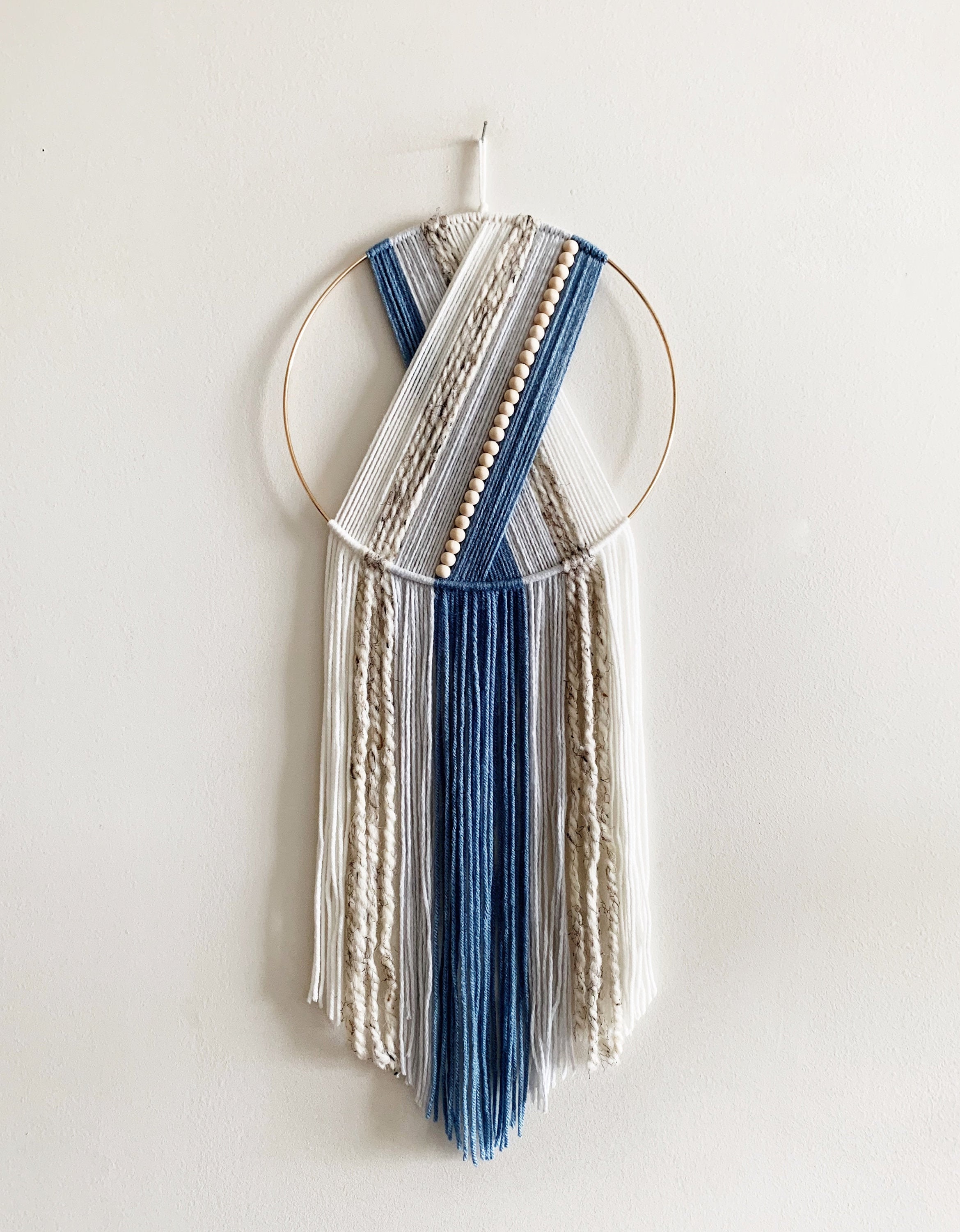 Blue and White Hoop Yarn Wall Hanging / Beaded Wall Hanging / Etsy