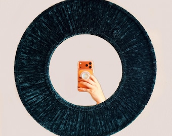 Velvet Teal Macrame Mirror, Boho Yarn Wall Hanging
