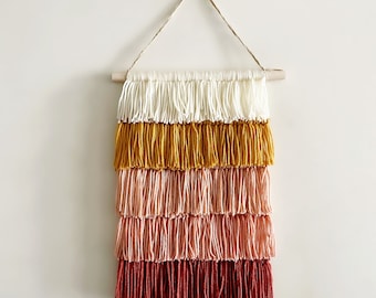 Layered Yarn Wall Hanging: White, Mustard, and Pink Modern Boho Decor