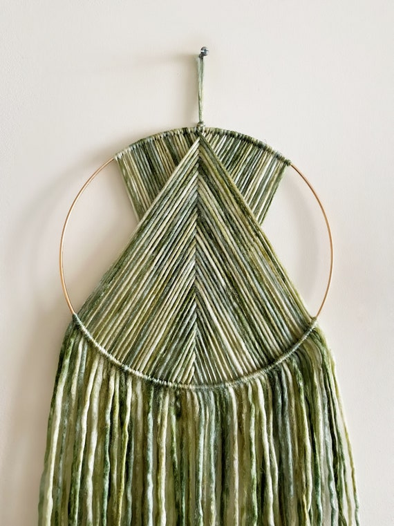 Green Yarn Hoop Wall Hanging, Modern Boho Decor