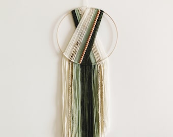Green Macrame Wall Hanging with Hoop and Beads