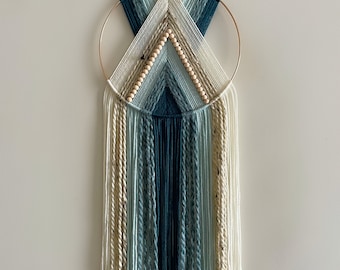 Blue Teal and Beige Beaded Yarn Hoop Wall Hanging / Macrame Wall Hanging / Nursery and Dorm Decor / Modern Boho Decor