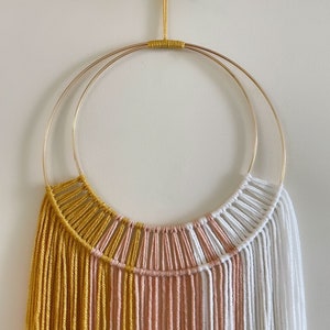 Mustard Pink and White Yarn Hoop Wall Hanging / Macrame Wall Hanging / Nursery and Dorm Decor / Boho Home Decor