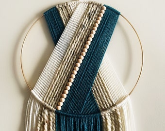 Teal Beige and Creamy White Yarn Hoop Wall Hanging / Macrame Wall Hanging / Dorm and Nursery Decor