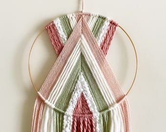 Light Green Pink and White Yarn Hoop Wall Hanging / Modern Boho Decor / Macrame Wall Hanging / Nursery Decor