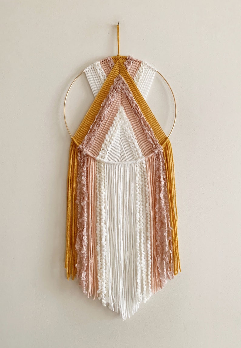 Mustard Pink and White Yarn Hoop Wall Hanging / Modern Boho Decor / Macrame Wall Hanging / Nursery Decor image 2