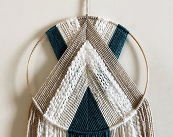 Beige and Teal Yarn Hoop Wall Hanging / Macrame Wall Hanging / Nursery and Dorm Decor / Modern Boho Decor