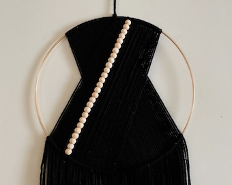 Black Beaded Yarn Hoop Wall Hanging / Macrame Wall Hanging / Nursery and Dorm Decor / Modern Boho Decor