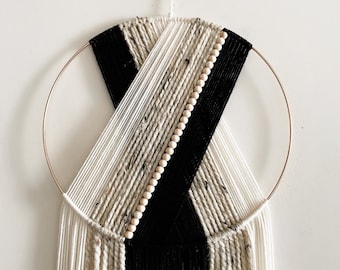 Black Beige and White Yarn Hoop Wall Hanging / Macrame Wall Hanging / Dorm and Nursery Decor