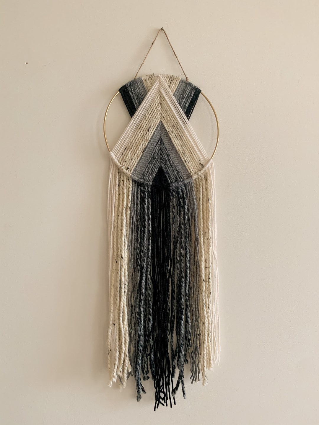 Black Gray and White Yarn Wall Hanging / Modern Boho Decor / Macrame ...