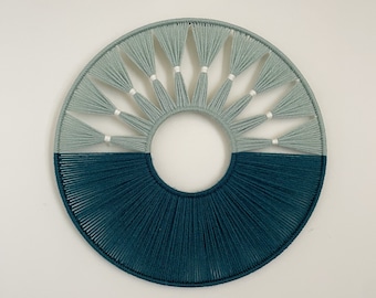 Sage Green and Teal Blue Hoop Yarn Wall Hanging / Modern Wall Hanging / Macrame Wall Hanging