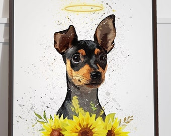 May include: A watercolor painting of a black and brown dog with a halo above its head. The dog is surrounded by yellow sunflowers and green leaves on a white background.