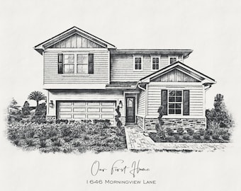 Custom House Portrait Sketch: Black & White Home Illustration