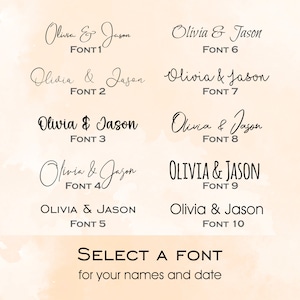 Op de afbeelding: Een selectie van tien verschillende lettertypen voor de namen "Olivia & Jason" wordt getoond. Elk lettertype is genummerd van 1 tot 10. De tekst "SELECT A FONT for your names and date" staat onderaan, in een groter lettertype.