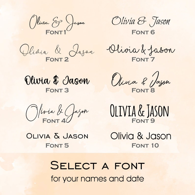 Op de afbeelding: Een selectie van tien verschillende lettertypen voor de namen "Olivia & Jason" wordt getoond. Elk lettertype is genummerd van 1 tot 10. De tekst "SELECT A FONT for your names and date" staat onderaan, in een groter lettertype.