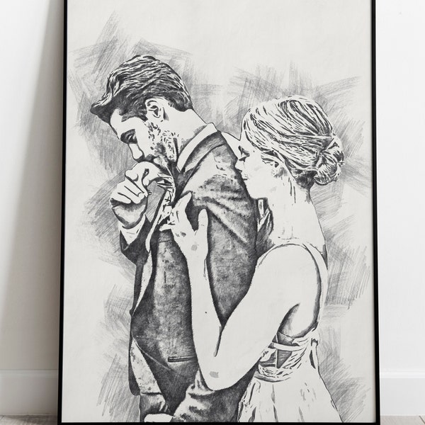 Custom Portrait Black and white sketch Personalized portrait gift for her gift for him wedding gift engagement gift for couple Illustration