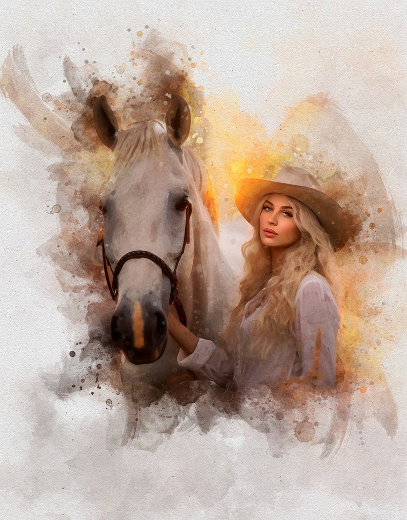Op de afbeelding: Waterverf-stijl illustratie van een wit paard en een persoon met een cowboyhoed en een wit overhemd. Het paard heeft een bruine teugel. De persoon heeft lang blond haar en houdt de teugel van het paard vast.