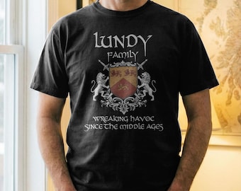 Lundy Family Vintage Crest Badge T-Shirt Comfort Colors Premium. Long Sleeve, Sweatshirt, V-Neck Options.