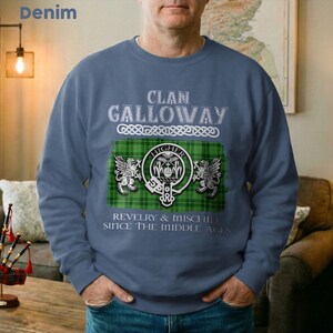 Clan Galloway Scottish Crest Tartan T-Shirt Premium Comfort Colors, Long Sleeve Sweatshirt V-neck Options. image 4