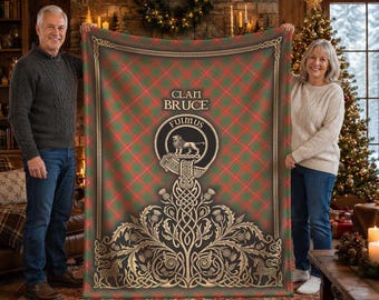 May include: A rectangular fleece blanket featuring a red and green tartan pattern. The center displays the Clan Bruce crest with a lion emblem and the text "CLAN BRUCE" and "FUIMUS" above intricate gold-colored Celtic knotwork and thistle motifs.