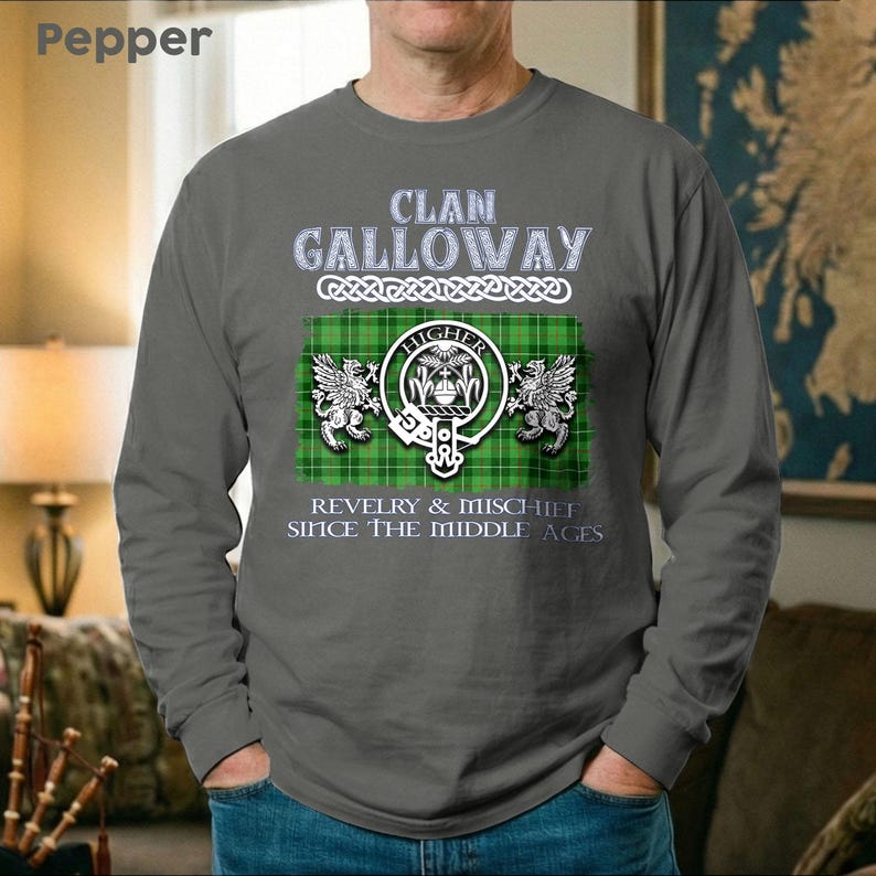 Clan Galloway Scottish Crest Tartan T-Shirt Premium Comfort Colors, Long Sleeve Sweatshirt V-neck Options. image 7