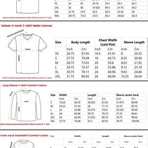 May include: Detailed size charts for various t-shirt styles, including V-neck, long sleeve, and crew neck sweatshirts. Measurements are provided in inches and centimeters for width, length, and sleeve center back.