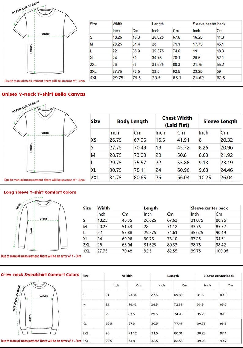 May include: Detailed size charts for various t-shirt styles, including V-neck, long sleeve, and crew neck sweatshirts. Measurements are provided in inches and centimeters for width, length, and sleeve center back.
