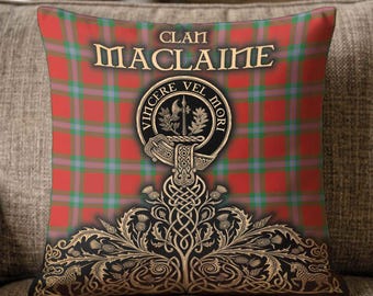 May include: A square throw pillow featuring a red, green, and blue plaid pattern. The text CLAN MACLAINE appears above a circular crest with the words VINCERE VEL MORI. Below the crest is an intricate black and gold Celtic knotwork design.