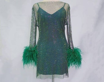 MARAYA Green Rhinestone mesh Long Sleeve Mini Feather Dress With Slip dress