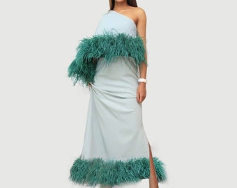 NIRVANA (Extra Feather) One-Shoulder feather bottom Maxi Dress, Rare item, one of the world dress