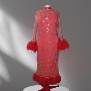 MARAYA Plus Size Red Rhinestone Mesh Long Sleeve Maxi Feather Dress With Slip Dress