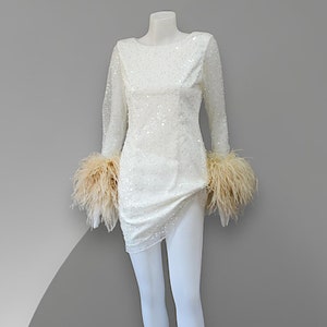 MARAYA Swan Pearl and Sequin Mesh Long Sleeve Mini Feather Dress, Wedding Dress