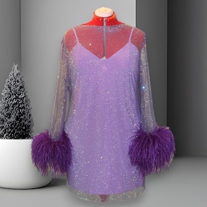 MARAYA Plus Size Purple Rhinestone Mesh Long Sleeve Mini Feather Dress With Slip Dress