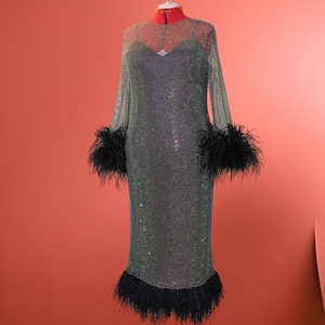 MARAYA Plus Size Red Rhinestone Mesh Long Sleeve Maxi Feather Dress With Slip Dress