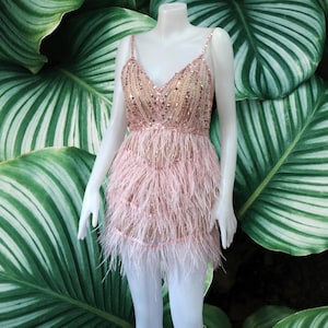 MARAYA Pink Gold Feather wedding dress, White rhinestone feathered dress,Feather Cocktail Dress,Feather prom dress,Feather dress,Hen night