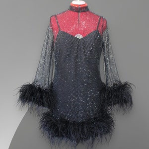 MARAYA Plus Size Black Rhinestone Mesh  High Neck Long Sleeve Bottom Mini Feather Dress
