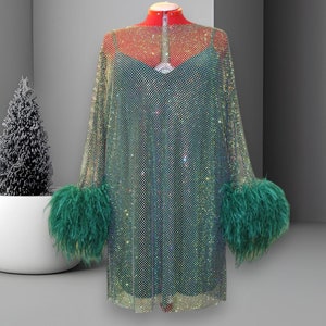 MARAYA Plus Size Green Rhinestone Mesh Long Sleeve Mini Feather Dress With Slip Dress