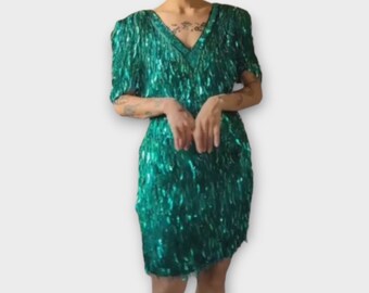 Rare Teal Sequined Fringe Beaded Dress, Glam Turquoise cattail Sequin Dress, Jade Green Sequin Party Dress