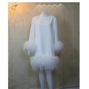MARAYA Ivory Long sleeve High Neck mini Feather dress
