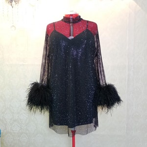 MARAYA Plus Size Black Rhinestone Mesh High Neck Long Sleeve Mini Feather Dress