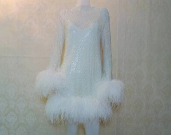 MARAYA Rhinestone mesh Long Sleeve Bottom Mini Feather Dress