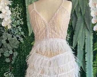 MARAYA Feather wedding dress,white rhinestone feathered dress,Feather Cocktail Dress,Feather prom dress,Feather dress,Custom dress,Hen night