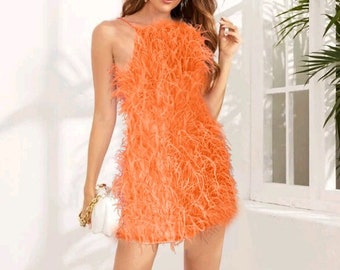MARAYA Orange Ostrich Feather Dress (Version: attach the feather with glue)