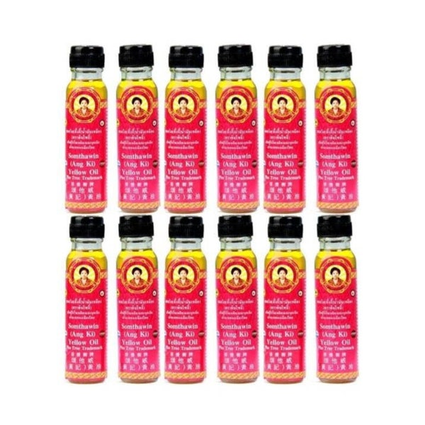 12Pcs.Thai Herbal Massage oil "SOMTHAWIN Yellow Oil" Muscle Pain Relief 100%