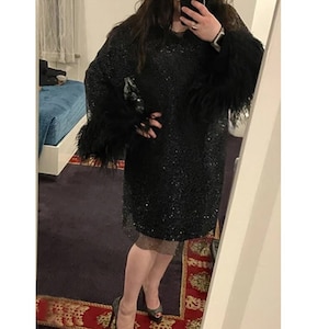MARAYA Long Sleeve Rhinestone Mesh Cocktail Feather Dress