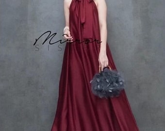 Bergundy Halter Neck Bow Necklace, Sleeveless Ribbon Draped Maxi Dresses, burgundy formal halter dress
