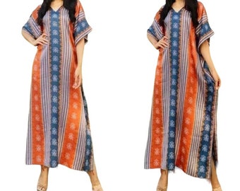 Orange Bohemian Printed Kaftan Maxi Dress, Plus size dress