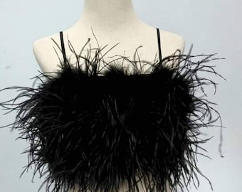 Black Feather&Fur Mink Crop Top, Feathers are only on the front,Prom dress, Plus size clothing,cocktail dress, costume party,party dress